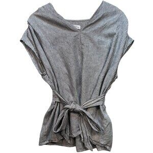 Morgan Taylor Women V Neck Linen Smocked Top Short Sleeve Sz L White Gray Stripe